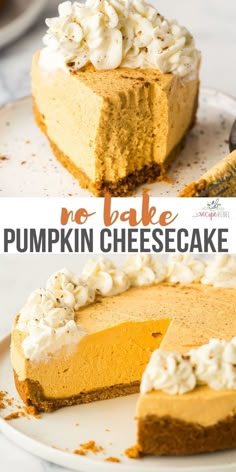 no bake pumpkin cheesecake on a white plate with the remaining slice cut out