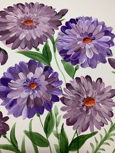 a painting of purple flowers with green leaves