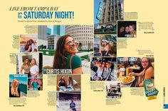 an advertisement for the saturday night event with pictures of people and buildings in it, including two