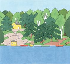 a drawing of a house in the woods by water with trees and houses around it