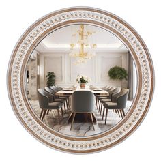 a dining room table with chairs and a chandelier