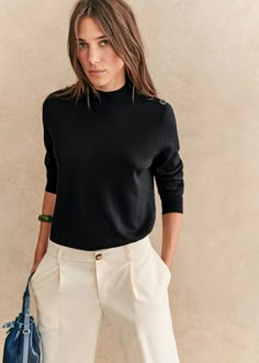 Merino wool long sleeve sweater;High neckline closed by a shoulder button tab;Length from shoulder 60 cm / 23.6 in (for a size S) Country Capsule Wardrobe, October Country, Minimal Classic, Work Style, Printed Denim, Winter 2023, Inspiration Mode, White Pants, Casual Work