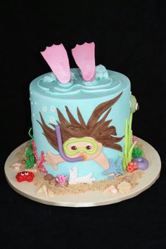 a birthday cake decorated with an image of a bird on the bottom and two pink beaks sticking out of it