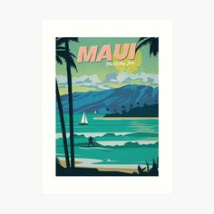 a poster with the words mau on it and palm trees in front of a body of water