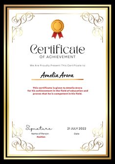 an award certificate is shown in gold and white with a red ribbon on it's edge