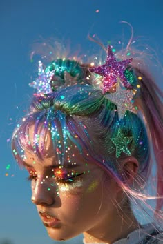 Galaxy Festival Outfit, Cosmic Festival Outfit, Out Of This World Hairstyles, Colorful Festival Hair, Space Buns Festival, Festival Day Outfits, Festival Hair Space Buns, 90s Neon Cosmic Carnival, Crazy Festival Outfits