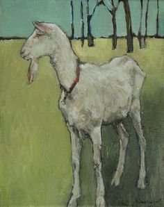 a painting of a goat with trees in the background