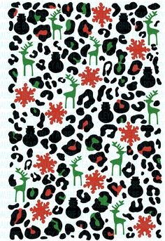 an animal print with red and green flowers on it