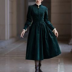 Dark green lady's corduroy dress – remulia Long Sleeve Victorian Dress For Fall Costume Party, Vintage Long Sleeve Dress For Fall Costume Party, Velvet A-line Dress For Winter, Green Velvet Dress For Fall, Green Velvet Fall Dress, Fall Long Sleeve Vintage Dress For Costume Party, Long Sleeve Victorian Dress For Winter Costume, Victorian Style Dresses For Fall, Cotton Victorian Long Sleeve Dress For Fall