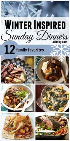 winter inspired dinner menus with text overlay that reads, 12 family favorites