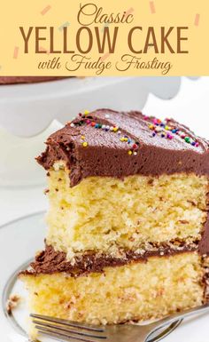 a slice of yellow cake with chocolate frosting and sprinkles on a plate