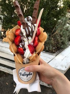 a person holding up a waffle topped with strawberries and chocolate