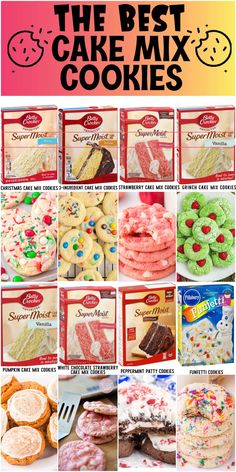 the best cake mix cookies are on display in this collage, with text overlaying