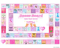 a board game with words and pictures on the front, in pinks and purples