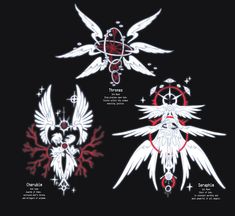 four different types of angels with their wings spread out, and the symbols above them