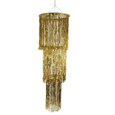 a gold chandelier hanging from the ceiling with fringes on it and two lights