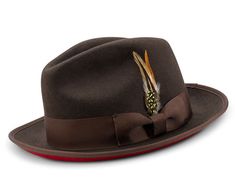 2 ⅜" Brim Two-Tone Red Bottom Feather Accent Wool Felt, Comfortable to Wear More Colors Available... Clothes For Big Men, Hat With Feather, Vest And Bow Tie, Brown With Red, Waxed Cotton Jacket