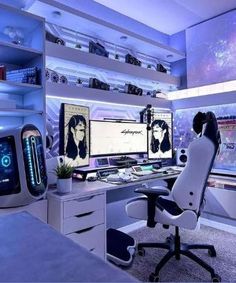 a computer desk with two monitors and a gaming chair in front of the monitor screen