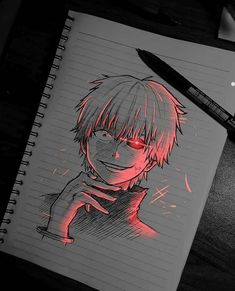 a drawing of a boy with red hair and glasses on top of a notepad