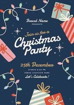 a christmas party flyer with presents on it