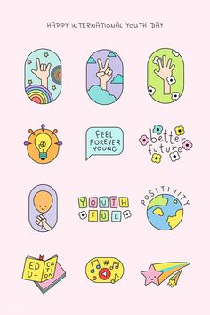 various stickers that say happy international youth day, and have different symbols on them