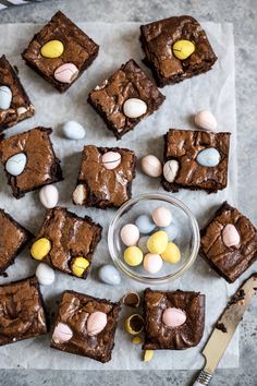 chocolate brownies with easter eggs in the middle