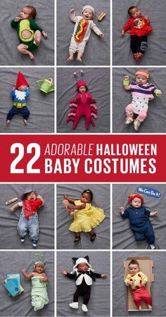 twelve baby costumes with the words, 22 adorable halloween baby costumes on it's side