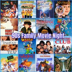 the 90's family movie night poster is shown in blue and has many movies on it