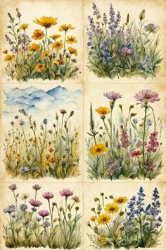 four different pictures of wildflowers and other flowers in watercolor on parchment paper