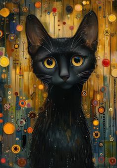 a painting of a black cat with yellow eyes and brown ears, surrounded by circles