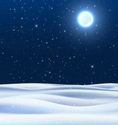 Vector realistic night winter background with snow fields and blue sky with moon glowing. Starry Winter Night, Winter Background Drawing, Blue Sky With Moon, Winter Border, Glowing Moon, Snow Night, Night Background, Winter Sky, Winter Background