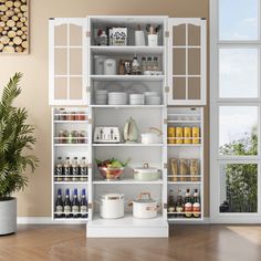 an open pantry with lots of food and drinks on shelves next to a potted plant