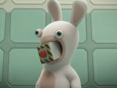 an animated rabbit with a cup in its mouth and eyes open, standing next to a green tiled wall