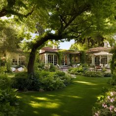 a house surrounded by lush green grass and trees