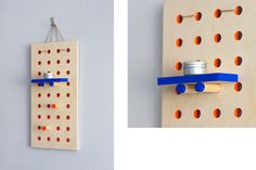 two pictures side by side, one has a peg board and the other has an object on it