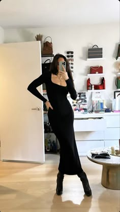 Little Black Long Sleeve Dress, Little Black Dress Accessories Cocktail, Dark Feminine Style Classy, Dark Feminine Aesthetic Outfits Winter, Skims Long Sleeve Dress Outfit, Long Black Dress Outfit Winter, Dark Feminine Clothing, Dark Feminine Winter Outfits, Dark Feminine Outfits Classy