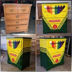 four different pictures of an old chest of drawers with crayons painted on it