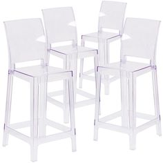 four clear plastic bar stools with arms and legs, all facing different directions on a white background