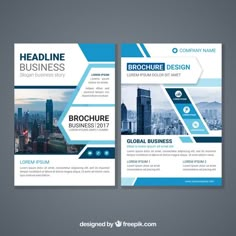 a blue business brochure with geometric shapes