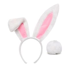 a white bunny ears headband with pink and white fur on the ears, sitting in front of a white background