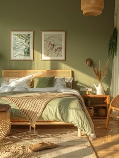 a bedroom with green walls and wicker furniture