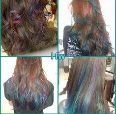 Pigeon Hair Color, Hair Dye Ideas For Pale Skin, Blue And Green Hair Ombre, Pigeon Hair Dye, Purple And Green Hair Ideas, Hair Dye Placement Ideas, Pigeon Hair, Oil Spill Hair, Hair Color Combos