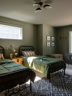 two twin beds in a bedroom with green walls and rugs on the carpeted floor