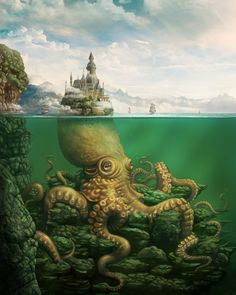 an octopus is floating in the water with castle in the background, and another creature has it's head above the water