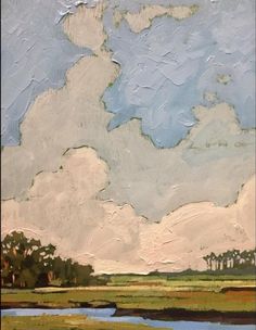 an oil painting of clouds and trees in the sky over a marshy field with water