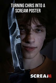 a young man holding a knife in front of his face with the caption turning christ into a scream poster