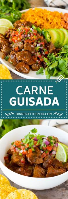 carne gusada served in white bowls with lime wedges and cilantro