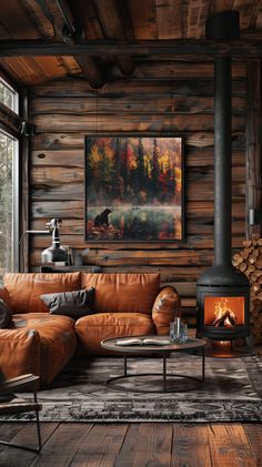 a living room filled with furniture and a wood burning stove in the middle of it