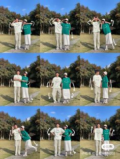 multiple pictures of people in white and green outfits posing for the camera with their arms around each other