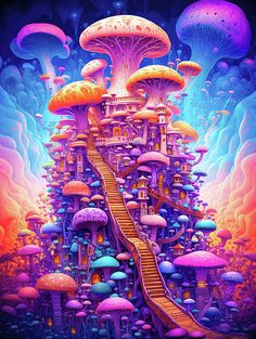 Fantasy mushroom art, psychedelic city. Funky House Decor, Mushroom City, House Decor Wall, Fantasy Mushroom, Funky House, Fractal Design, Home Decor Products, Mushroom Art, Fractal Art